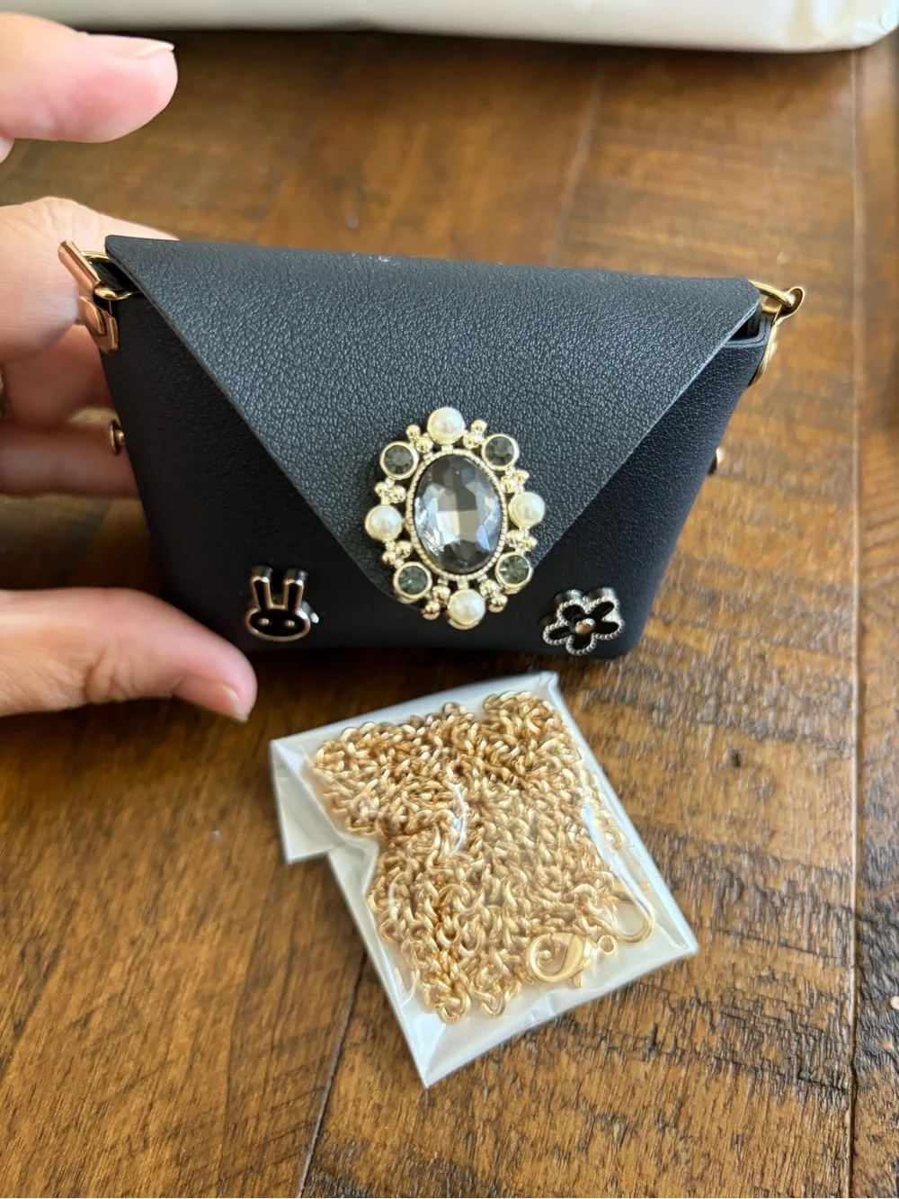 Black Jeweled Mini Crossbody Bag with Gold Chain